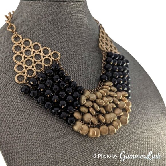 Black & Gold Tone Beaded Mesh Bib Statement Necklace - Picture 2 of 8